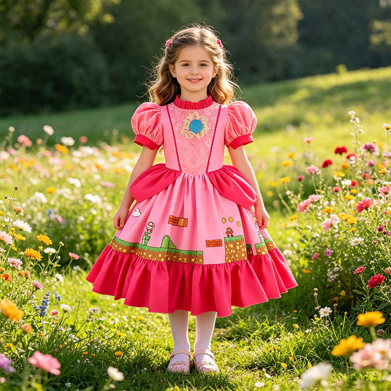 Party Games Kids Birthday - Princess Peach Costume Dress with Printed