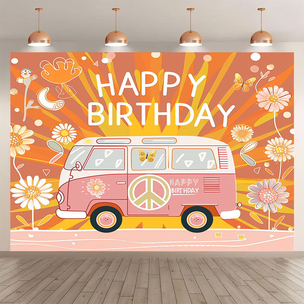 Party Games Bus - Retro 70's hippie theme Happy Birthday
